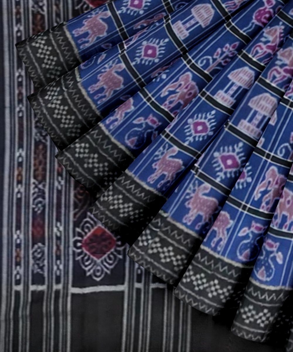 Blue Black Sambalpuri Handwoven Single Ikat Cotton Saree Image 2
