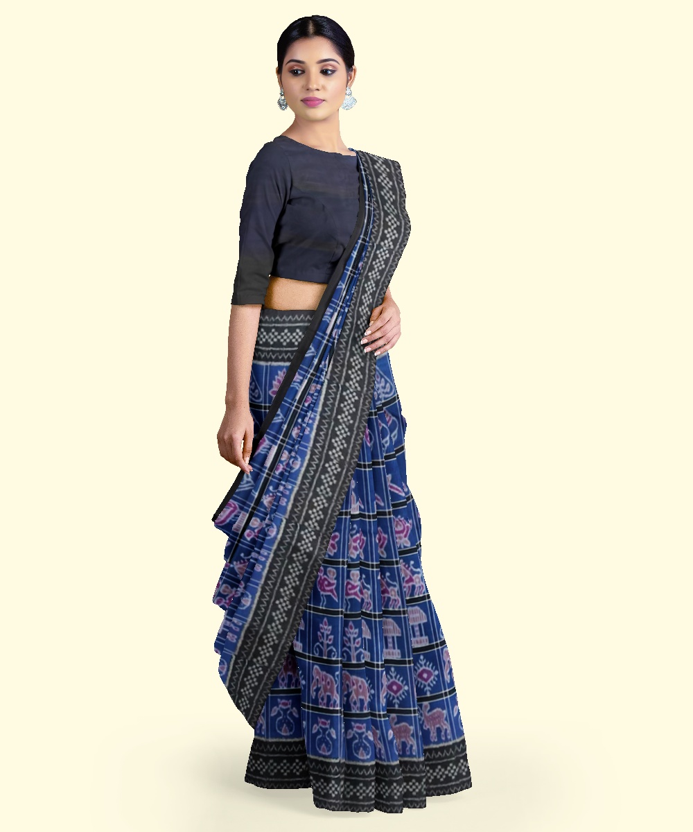Blue Black Sambalpuri Handwoven Single Ikat Cotton Saree Image 3