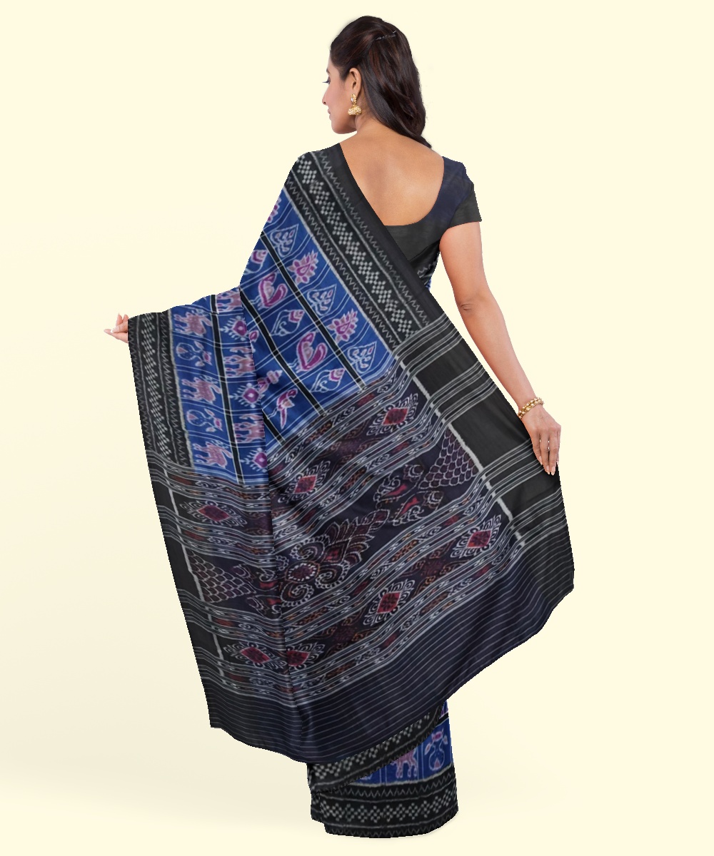 Blue Black Sambalpuri Handwoven Single Ikat Cotton Saree Image 4