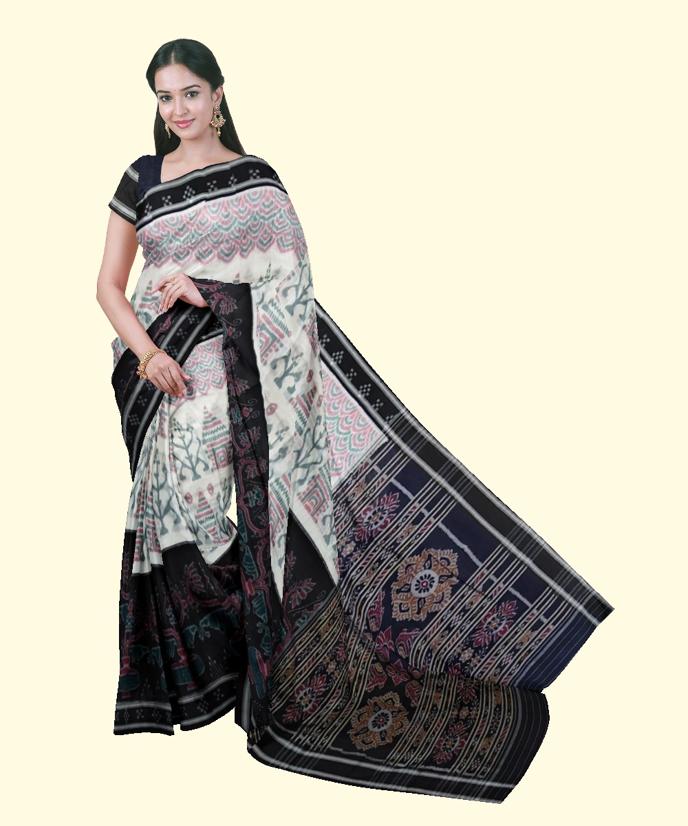 White Black Sambalpuri Handwoven Single Ikat Cotton Saree SFCSAR2072