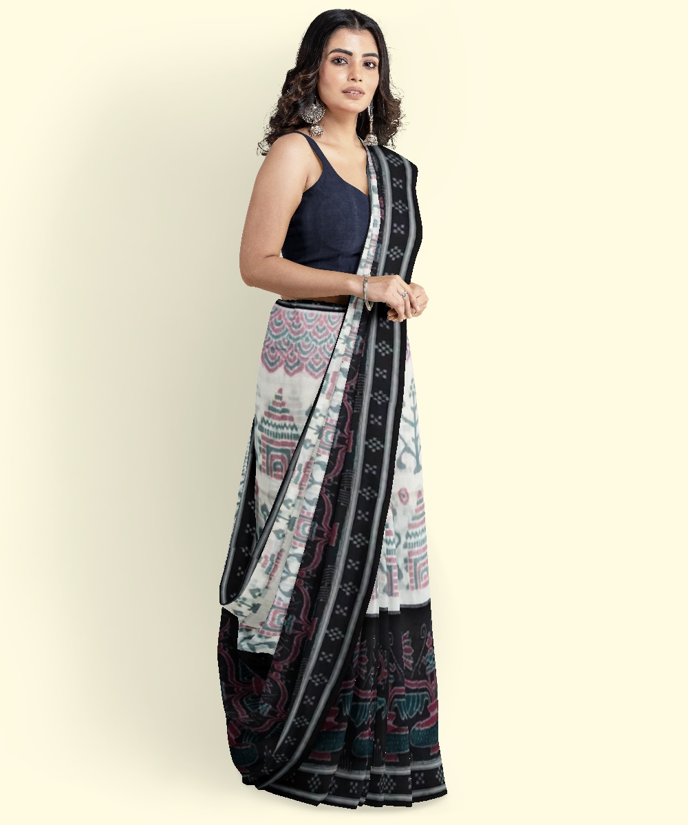 White Black Sambalpuri Handwoven Single Ikat Cotton Saree Image 3