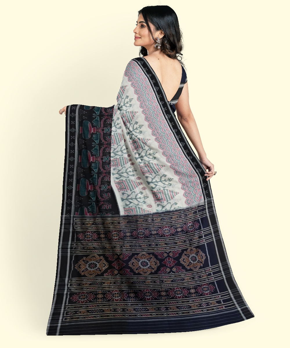 White Black Sambalpuri Handwoven Single Ikat Cotton Saree Image 4