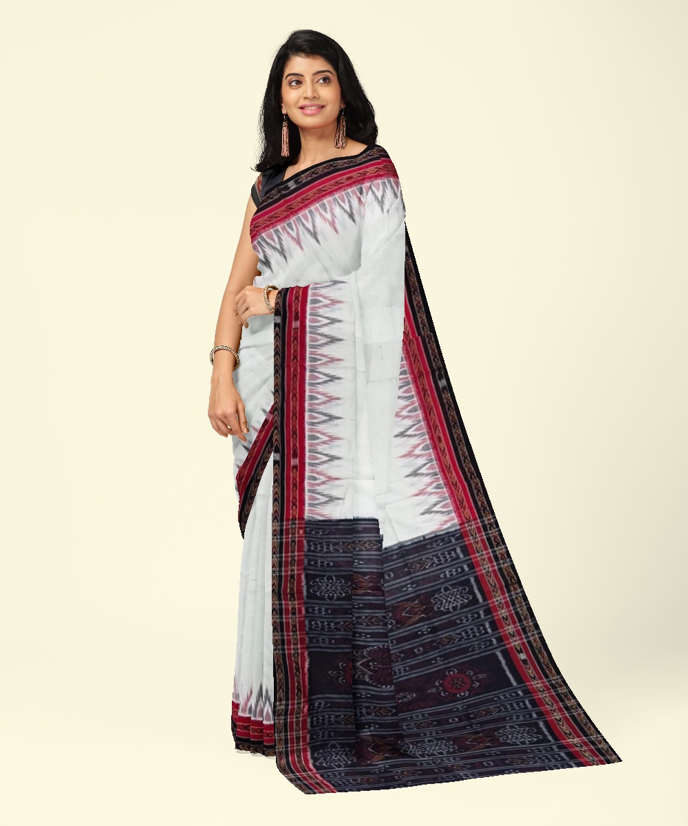 White Black Sambalpuri Handwoven Single Ikat Cotton Saree SFCSAR2073
