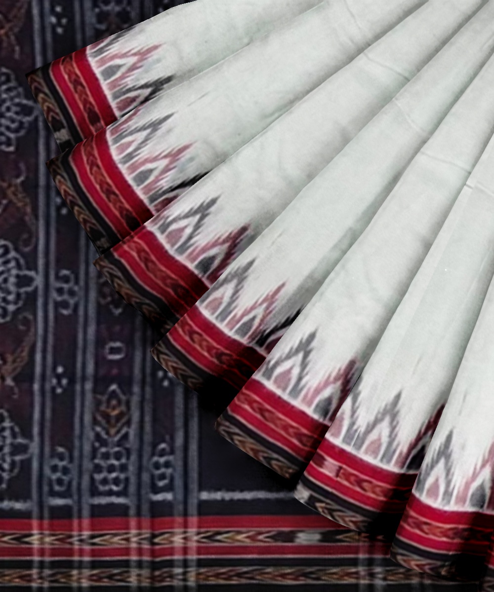White Black Sambalpuri Handwoven Single Ikat Cotton Saree Image 2