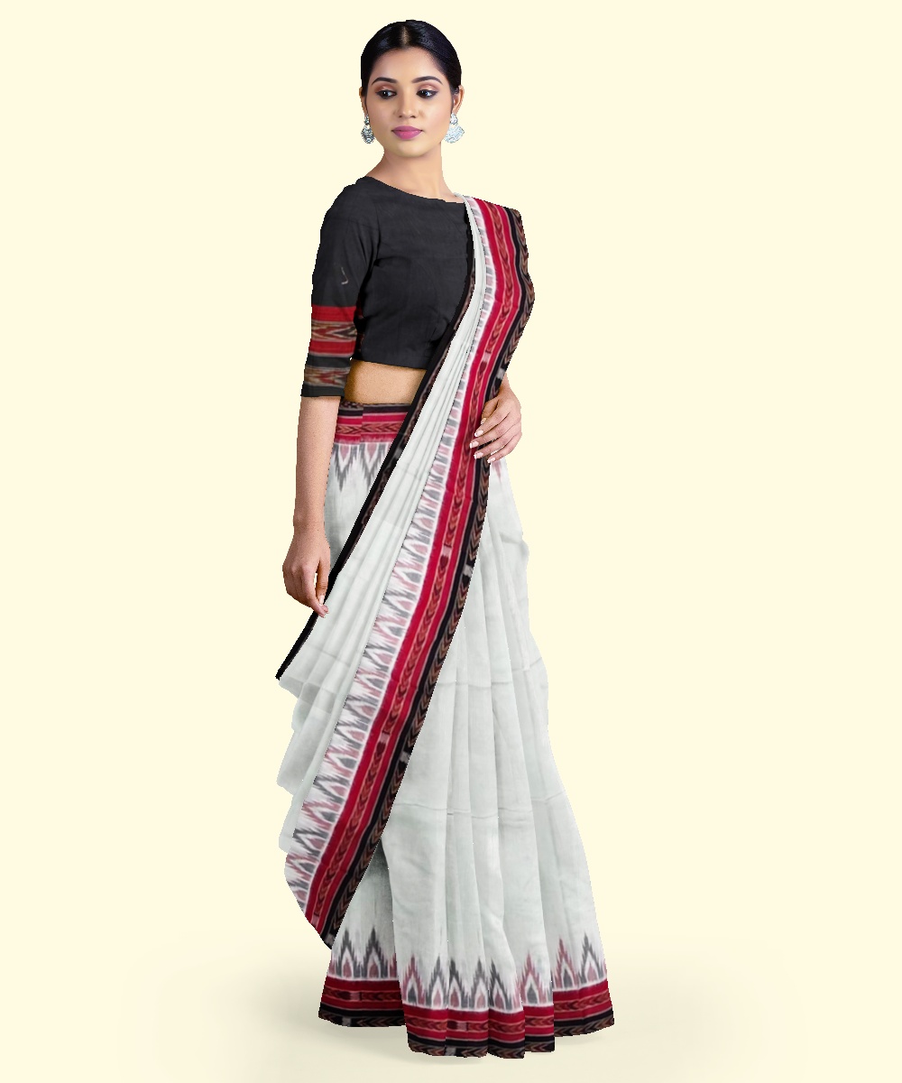 White Black Sambalpuri Handwoven Single Ikat Cotton Saree Image 3