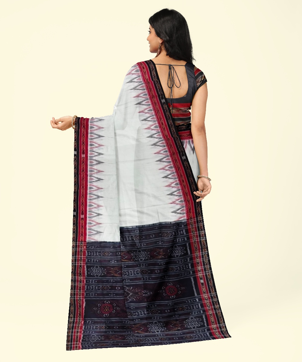 White Black Sambalpuri Handwoven Single Ikat Cotton Saree Image 4