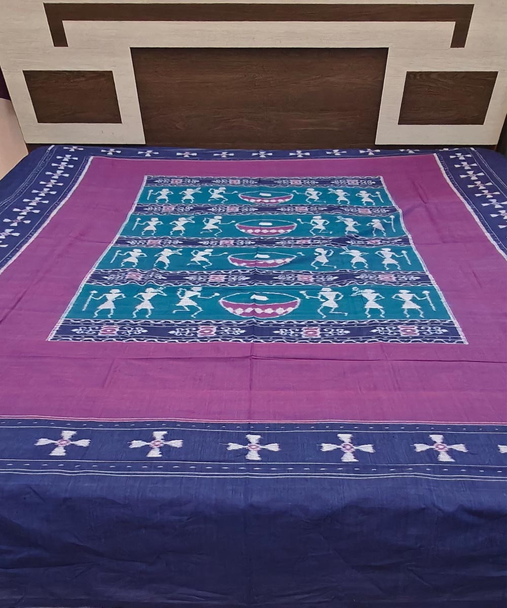 Green Blue Sambalpuri Handwoven Cotton Double Bed Sheet Image 1