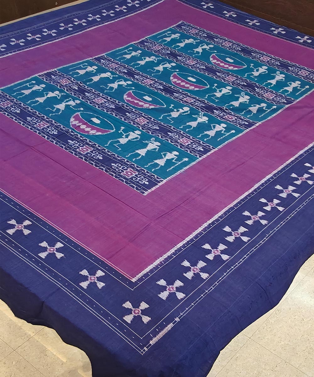 Green Blue Sambalpuri Handwoven Cotton Double Bed Sheet Image 2
