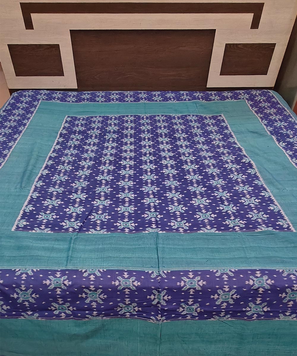 Blue Green Sambalpuri Handwoven Cotton Double Bed Sheet Image 1