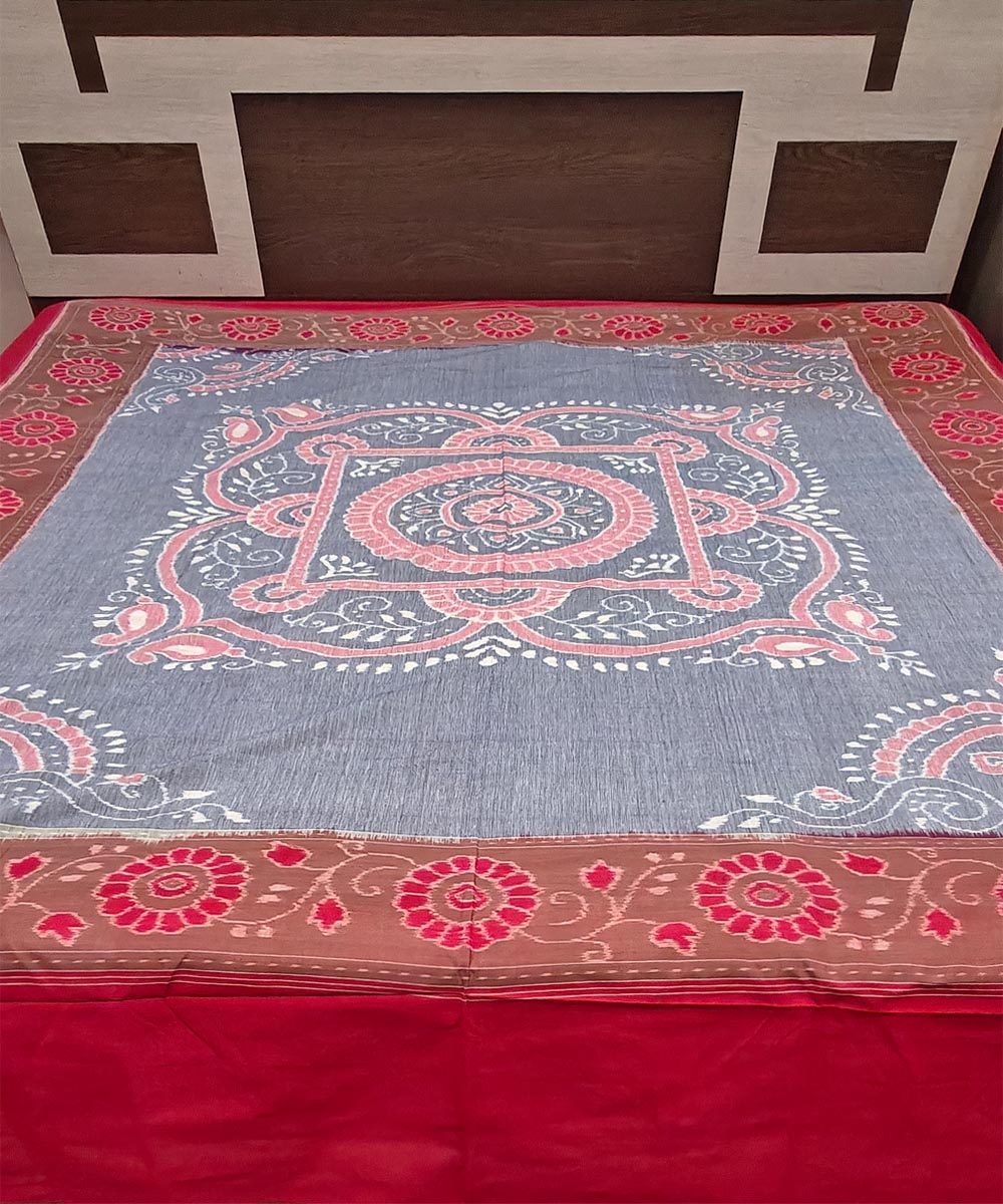 Gray Red Sambalpuri Handwoven Cotton Double Bed Sheet Image 1