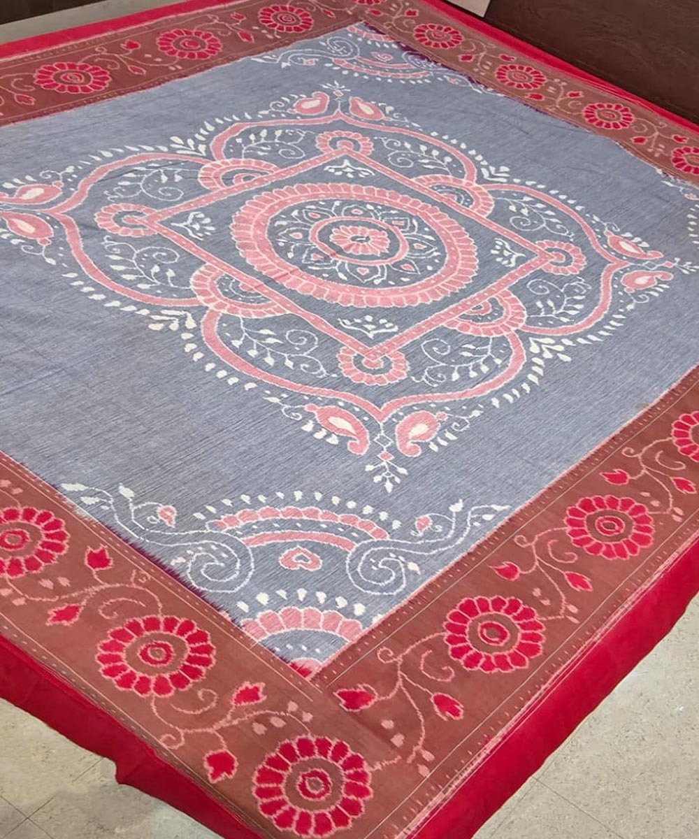 Gray Red Sambalpuri Handwoven Cotton Double Bed Sheet Image 2