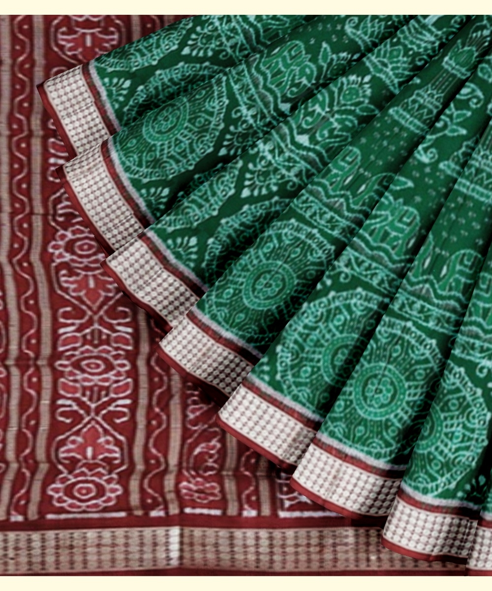 Green Red Sambalpuri Handwoven Ikat Silk Saree Image 2