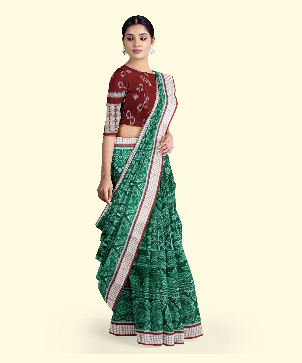 Green Red Sambalpuri Handwoven Ikat Silk Saree Image 3
