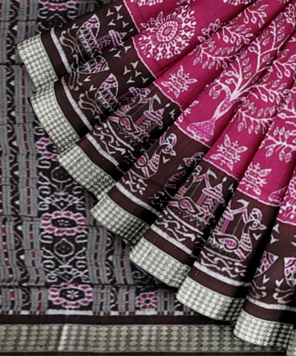 Pink Coffee Sambalpuri Handwoven Ikat Silk Saree Image 2