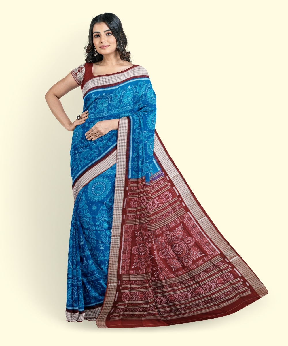 Blue Red Sambalpuri Handwoven Ikat Silk Saree Image 1