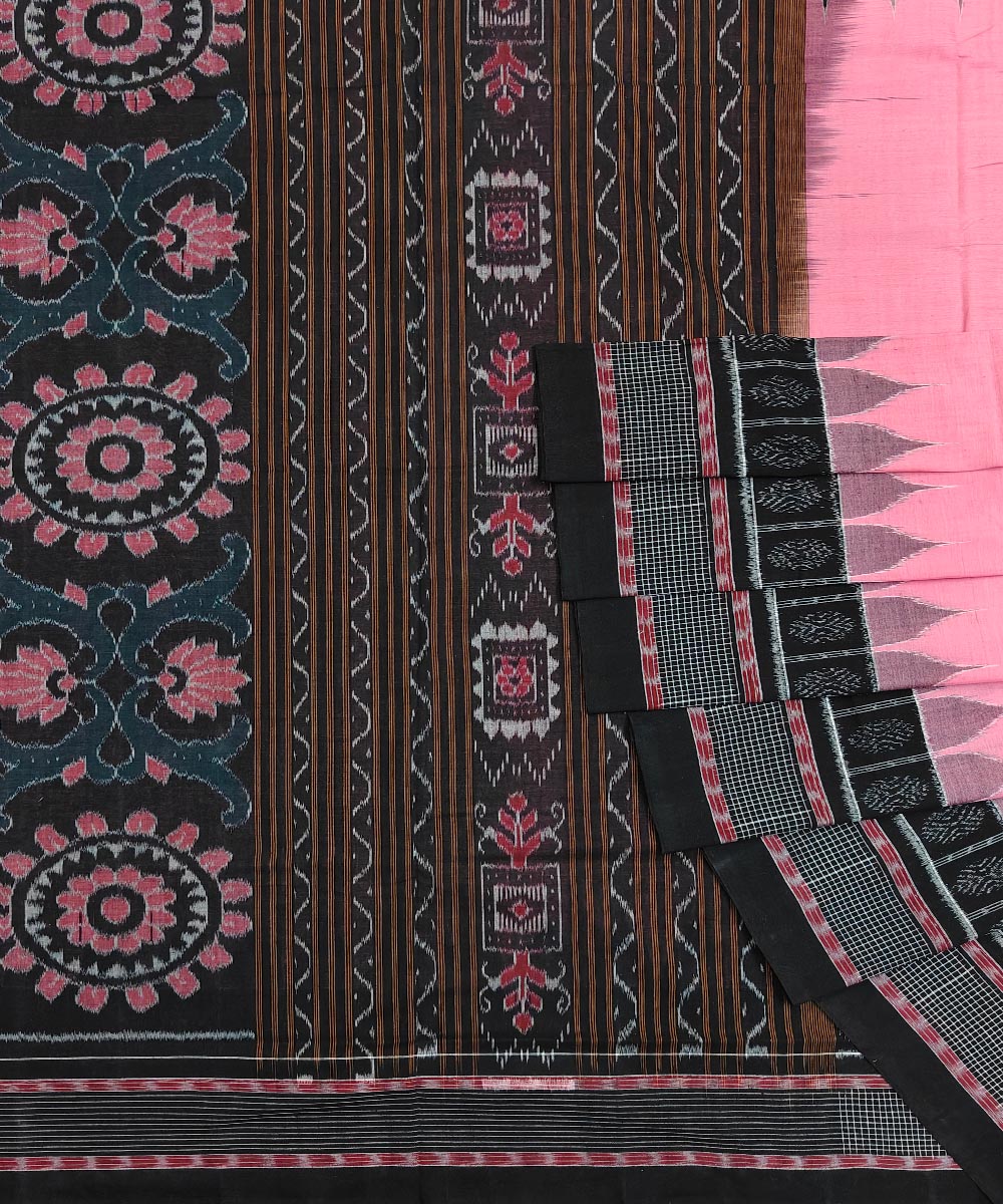 Pink Black Sambalpuri Handwoven Single Ikat Cotton Saree Image 1