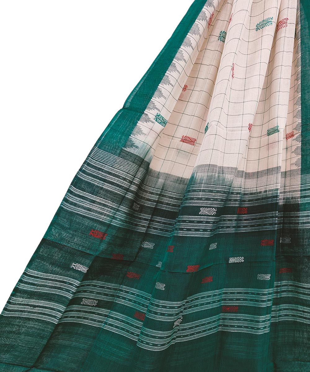 Offwhite Green Sambalpuri Handwoven Single Ikat Cotton Dupatta SFCDUP0461