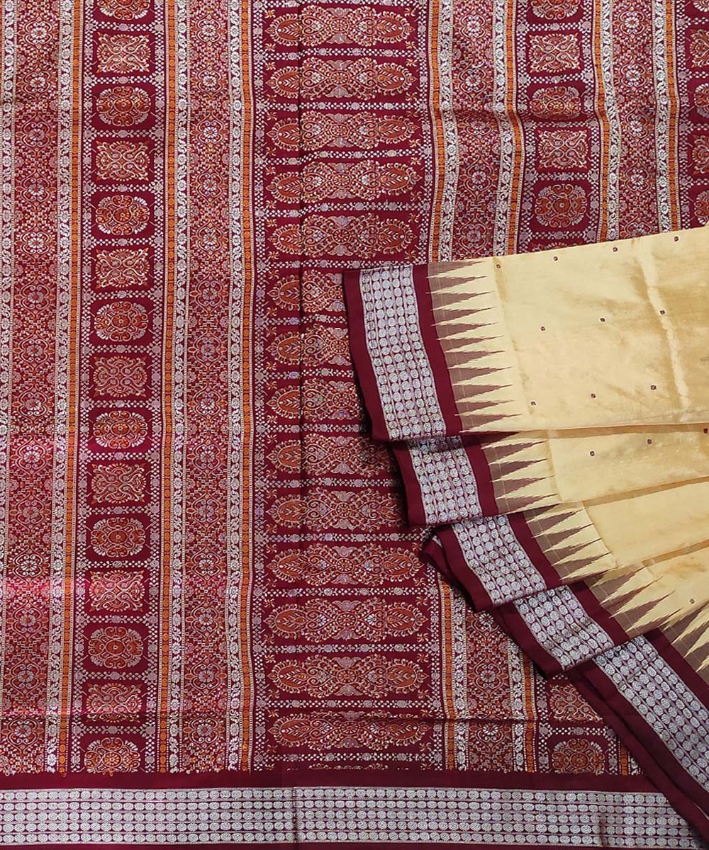 Cream Maroon Handwoven Bomkei Silk Saree SFSSAR0513