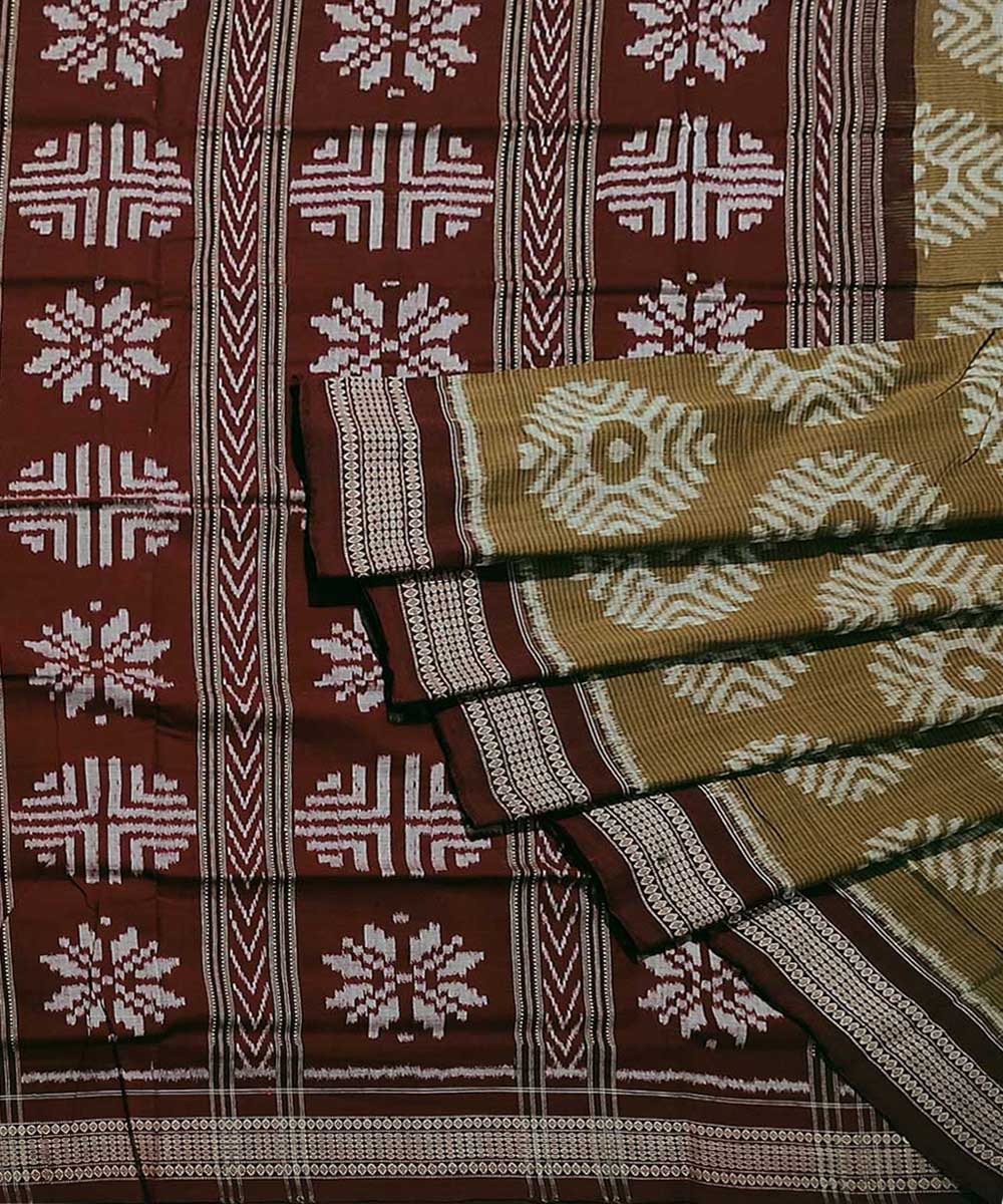 Olivegreen Maroon Sambalpuri Handwoven Single Ikat Cotton Saree Image 1