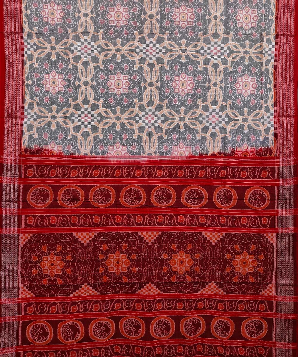 Gray Red Sambalpuri Handwoven Single Ikat Cotton Saree Image 2