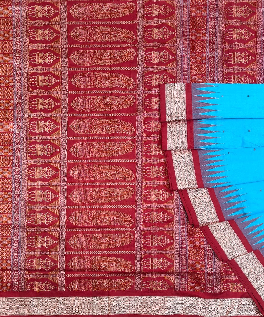 Sky Blue Red Handwoven Bomkei Silk Saree SFSSAR0609