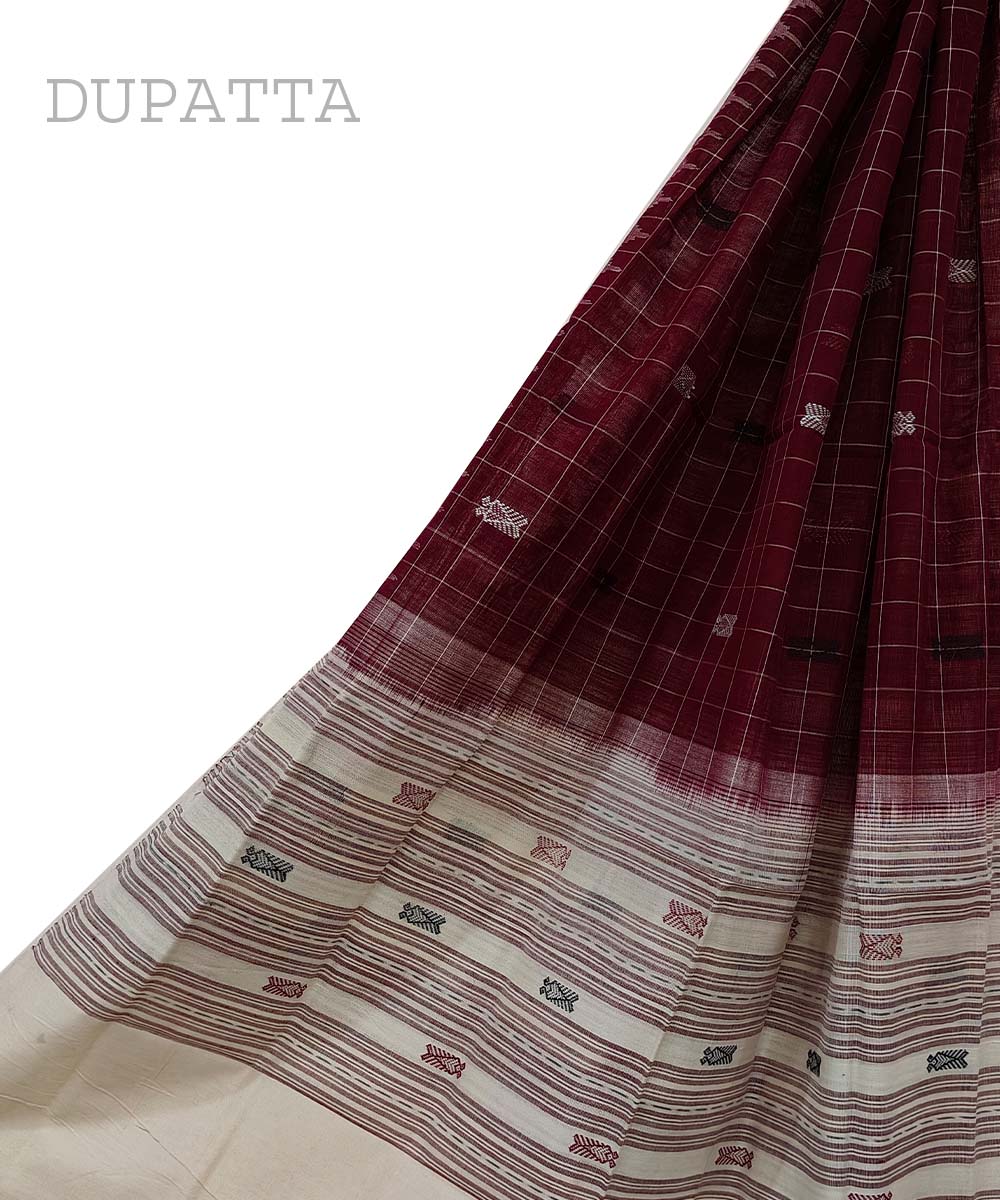 Maroon White Sambalpuri Handwoven Hath Kumbha with Fish Buti Cotton Dupatta SFCDUP0663