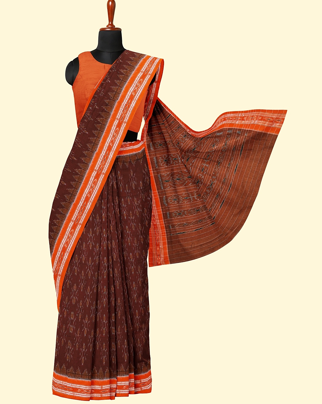 Maroon Yellow Sambalpuri Handwoven Single Ikat Cotton Saree Image 3