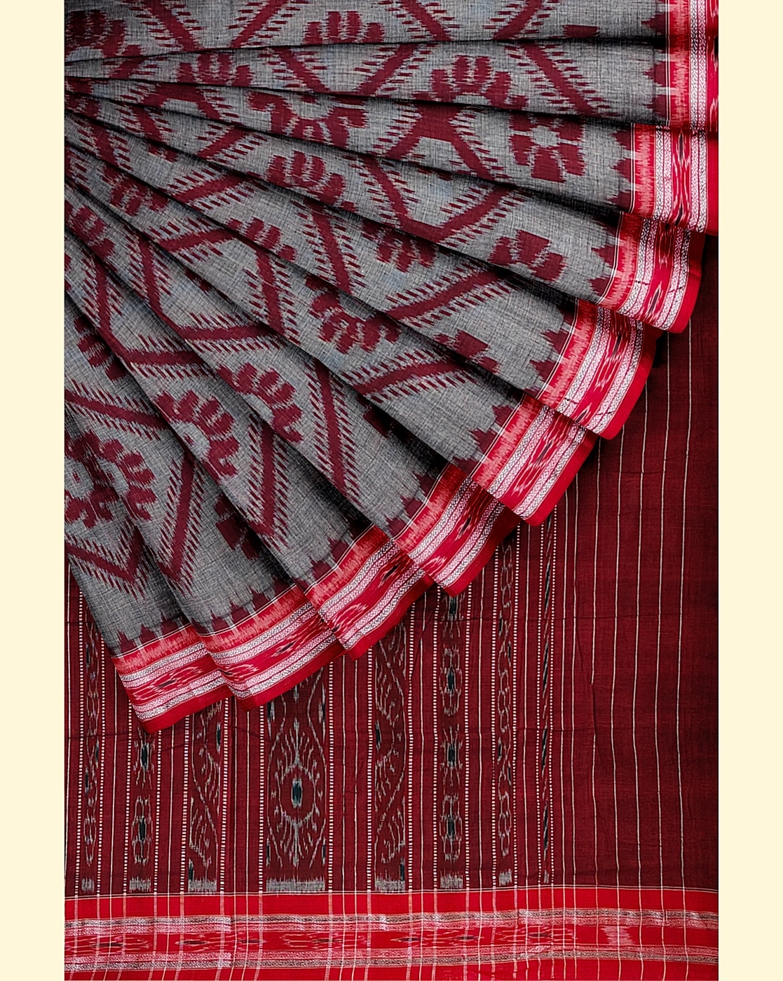 Gray Maroon Sambalpuri Handwoven Single Ikat Cotton Saree Image 2