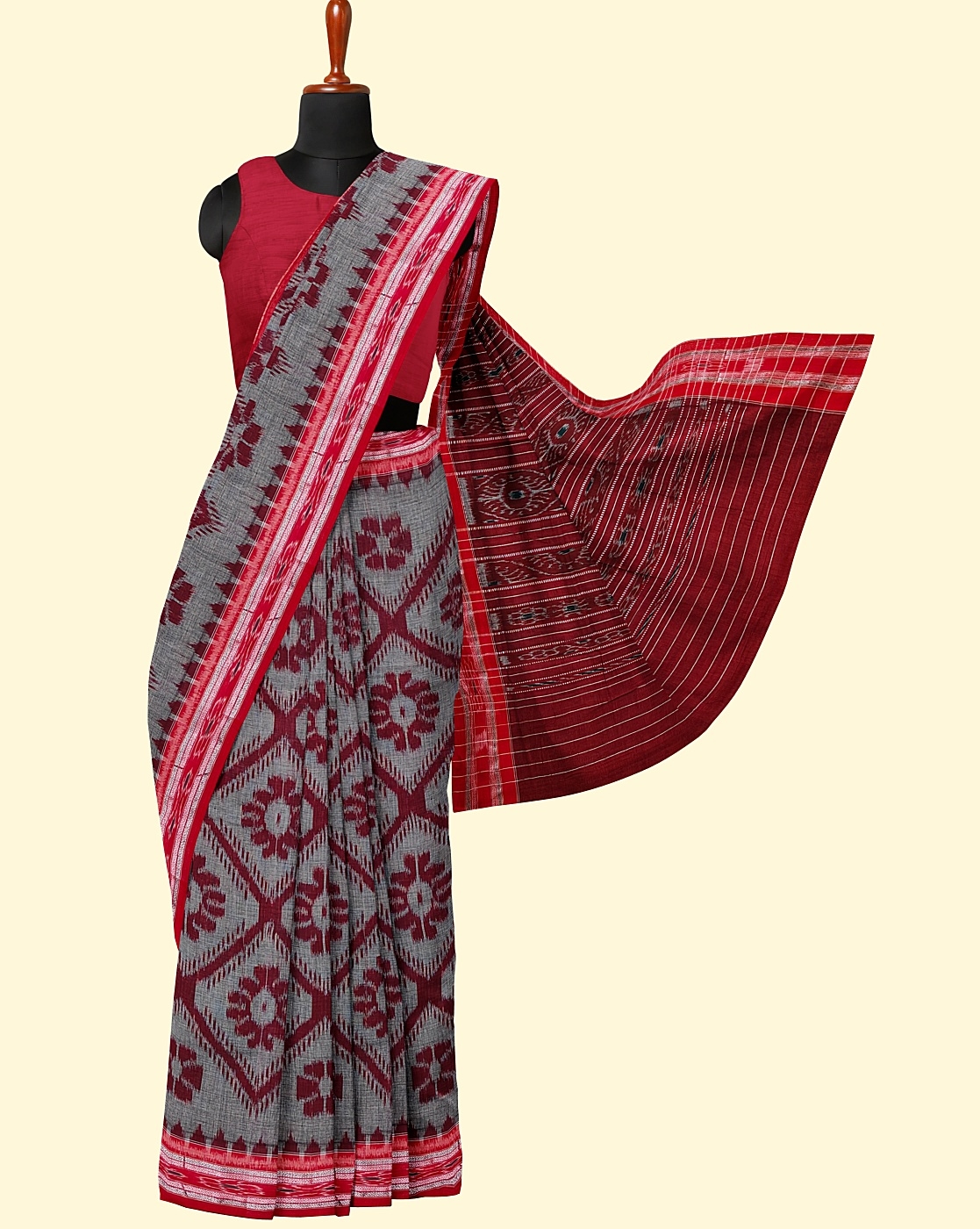 Gray Maroon Sambalpuri Handwoven Single Ikat Cotton Saree Image 3