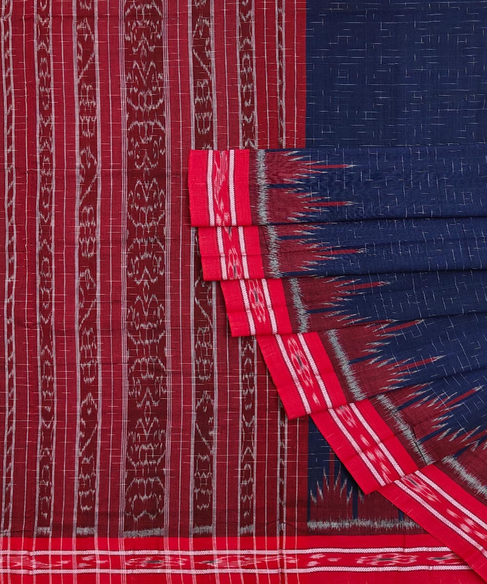 Blue Red Nuapatna Handwoven Single Ikat Cotton Saree SFCSAR0775