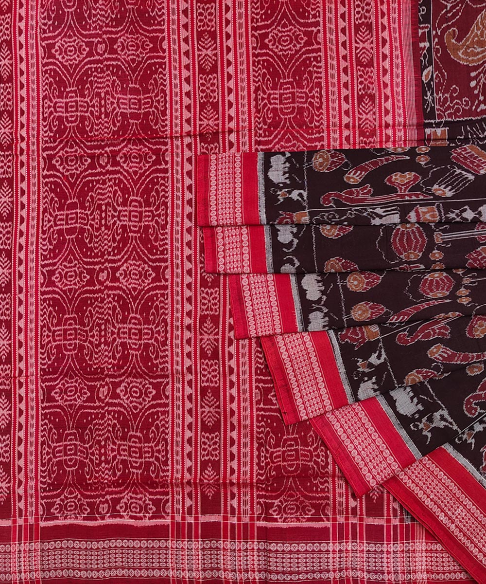 Cofee Red Sambalpuri Handwoven Single Ikat Cotton Saree SFCSAR0817