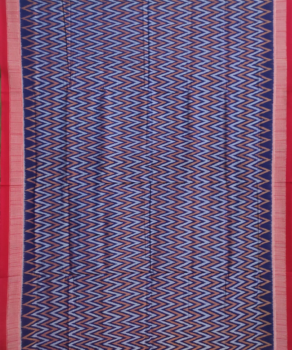 Blue Red Sambalpuri Handwoven Single Ikat Cotton Saree Image 2