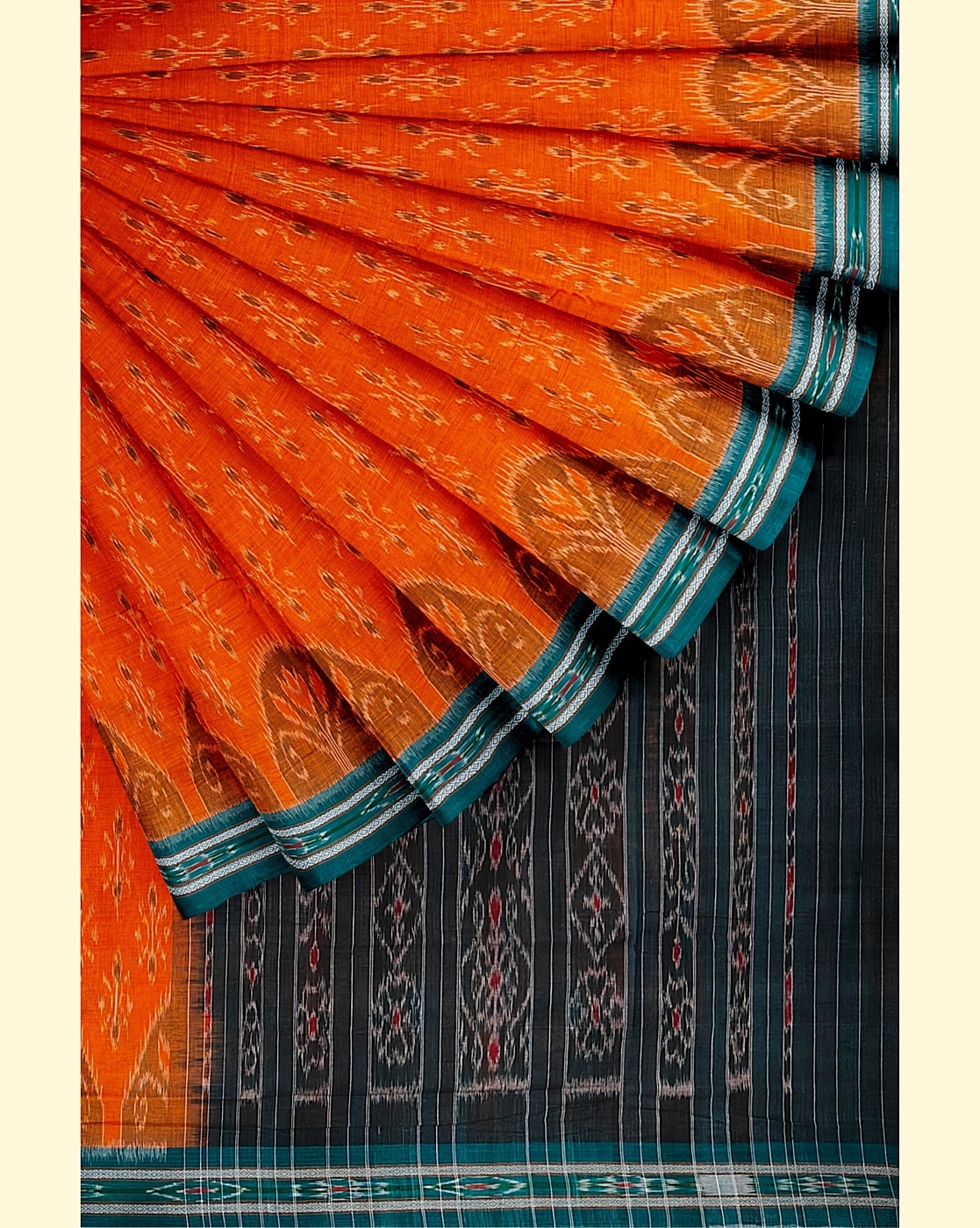 Orange Green Sambalpuri Handwoven Single Ikat Cotton Saree Image 2