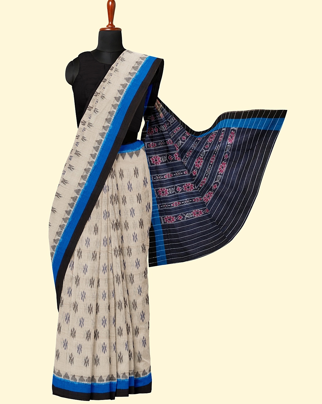 Offwhite Blue Sambalpuri Handwoven Single Ikat Cotton Saree Image 3