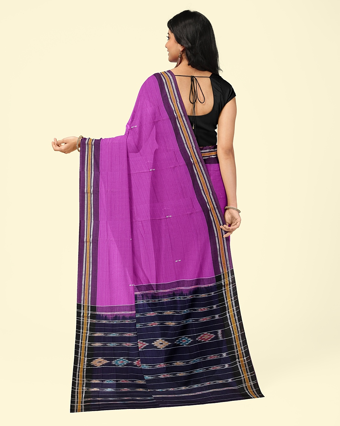 Purple Black Sambalpuri Handwoven Single Ikat Cotton Saree Image 4