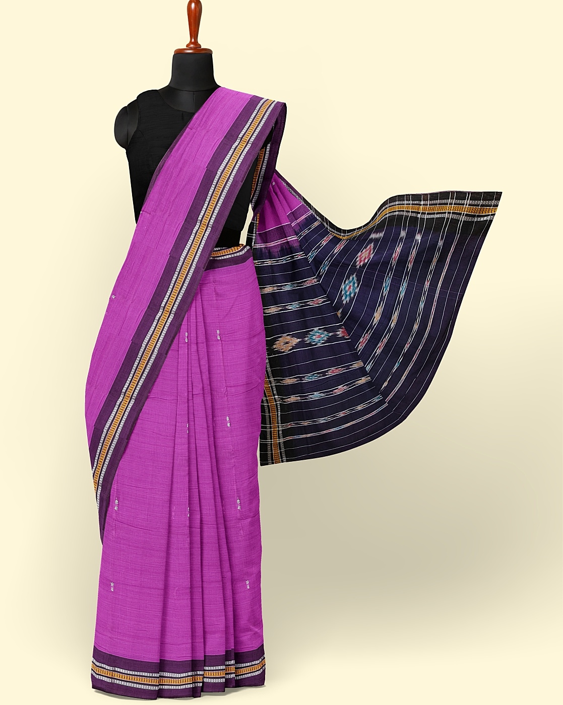 Purple Black Sambalpuri Handwoven Single Ikat Cotton Saree Image 3