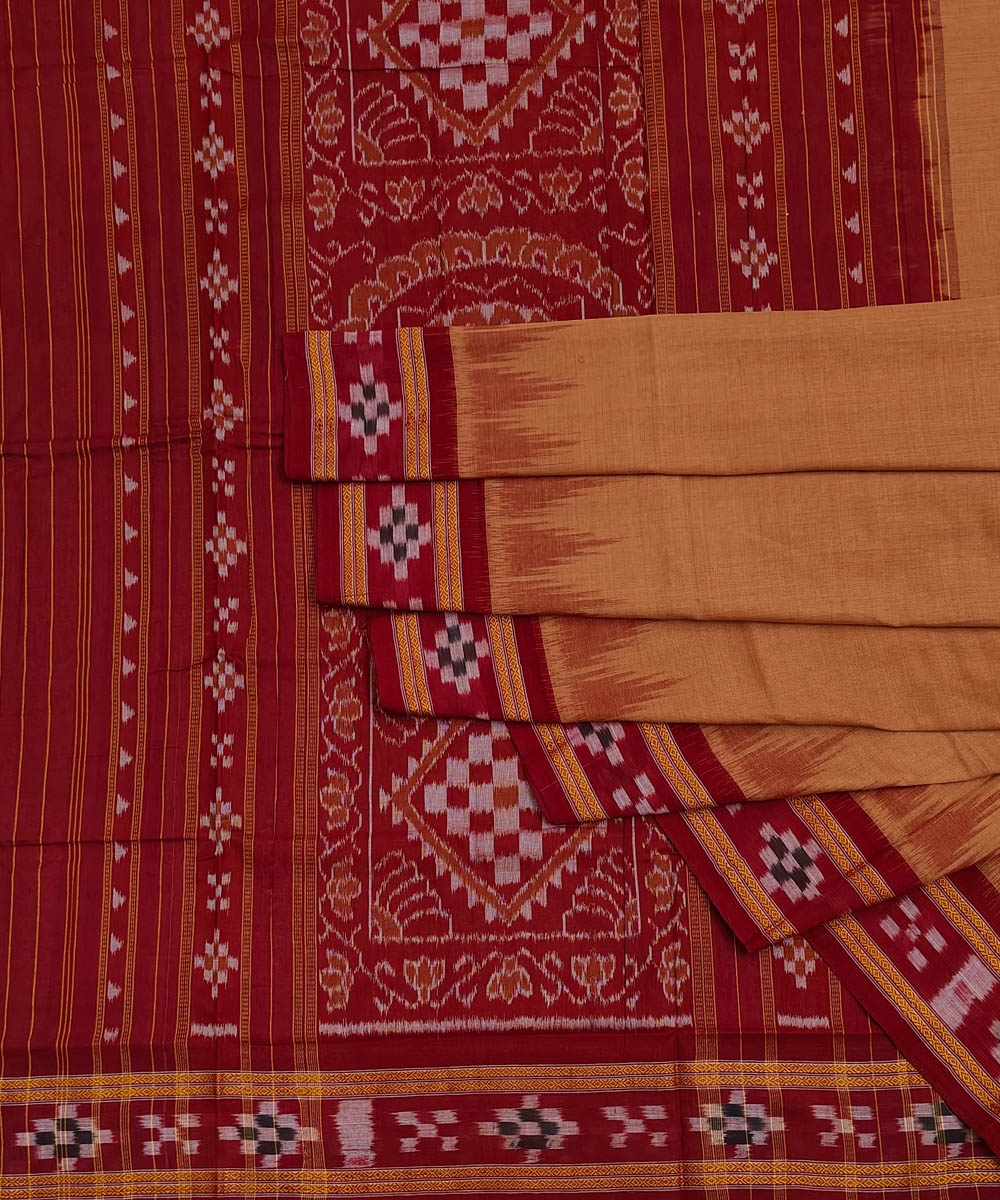 Brown Maroon Nuapatna Handwoven Single Ikat Cotton Saree Image 1
