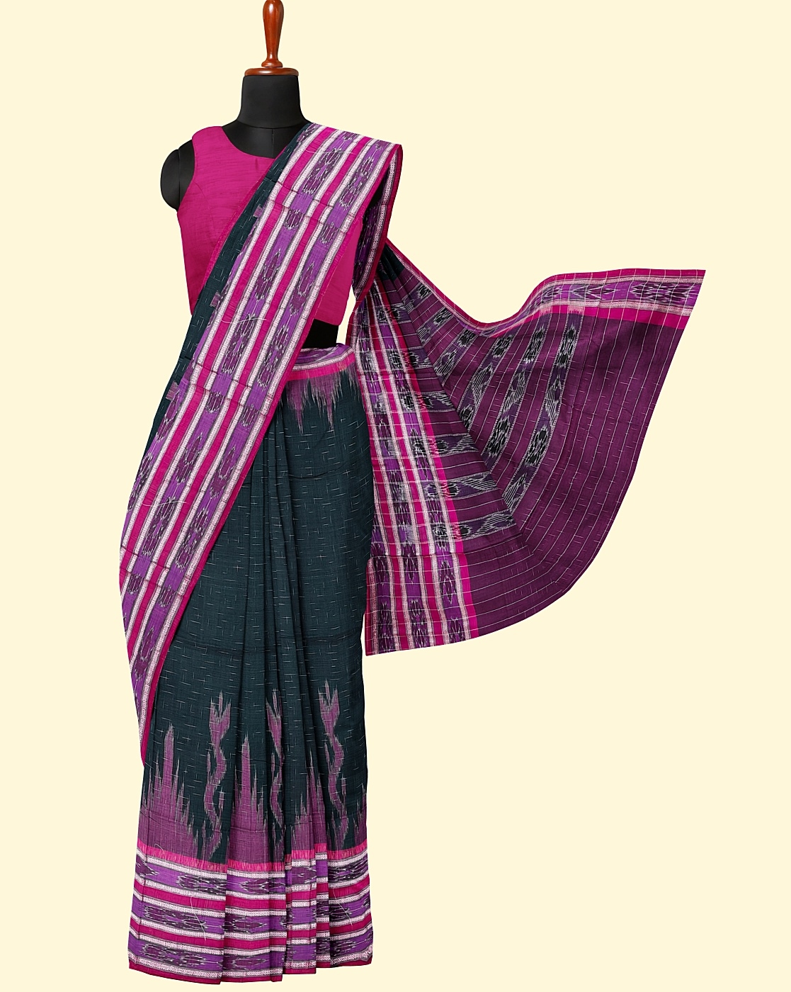 Green Pink Sambalpuri Handwoven Single Ikat Cotton Saree Image 3