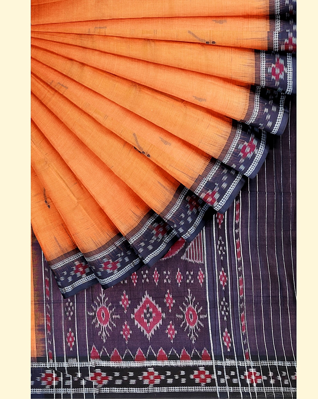 Orange Black Sambalpuri Handwoven Single Ikat Cotton Saree Image 4