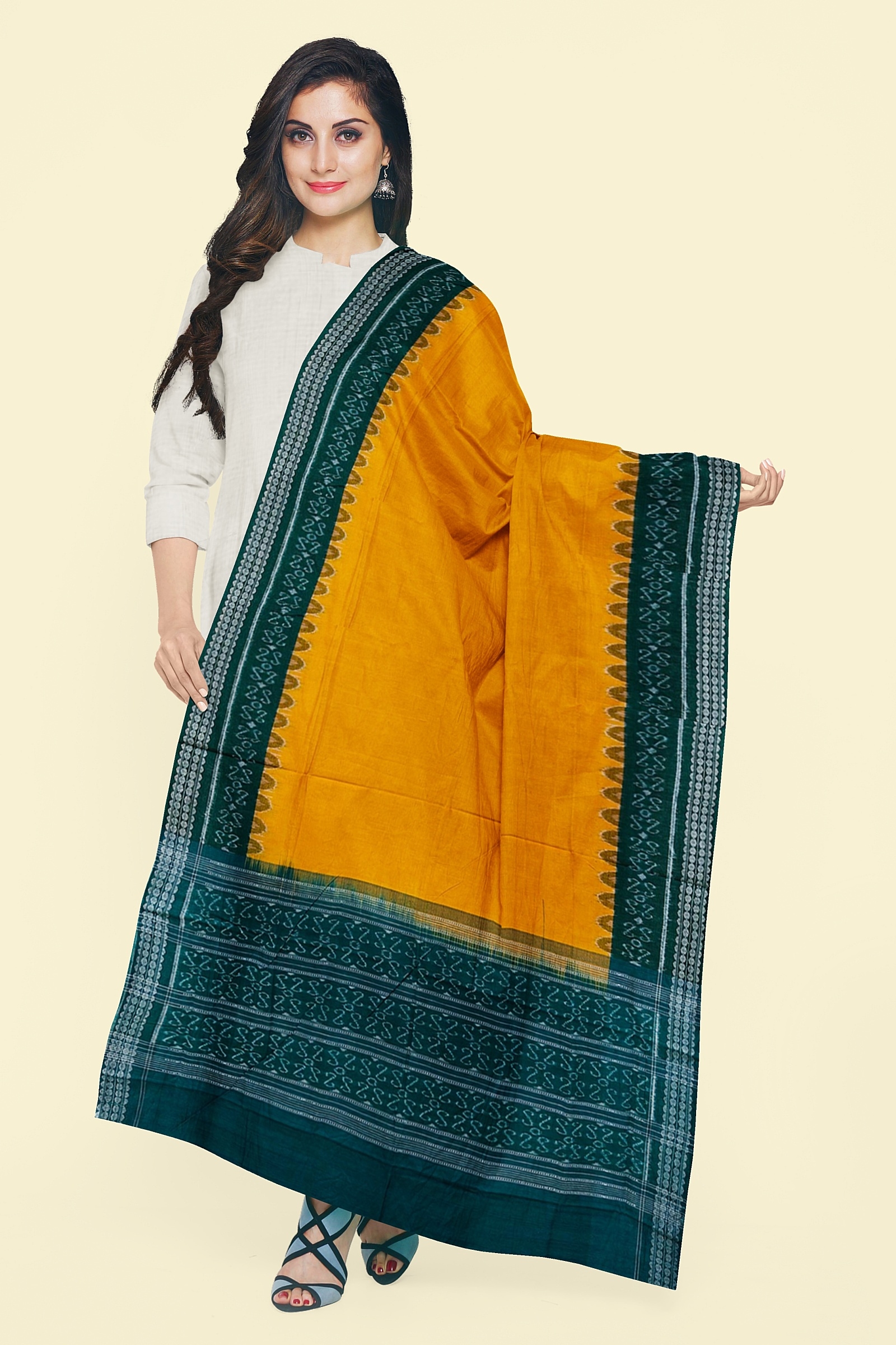 Yellow Green Sambalpuri Handwoven Single Ikat Cotton Dupatta Image 1