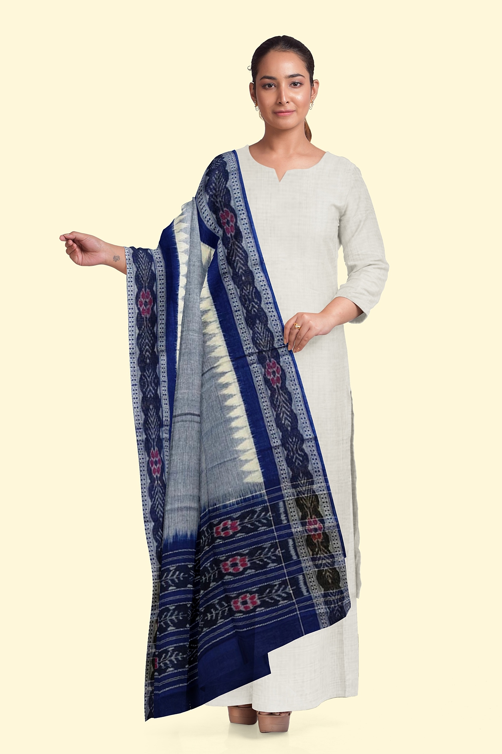 Gray Blue Sambalpuri Handwoven Single Ikat Cotton Dupatta Image 3