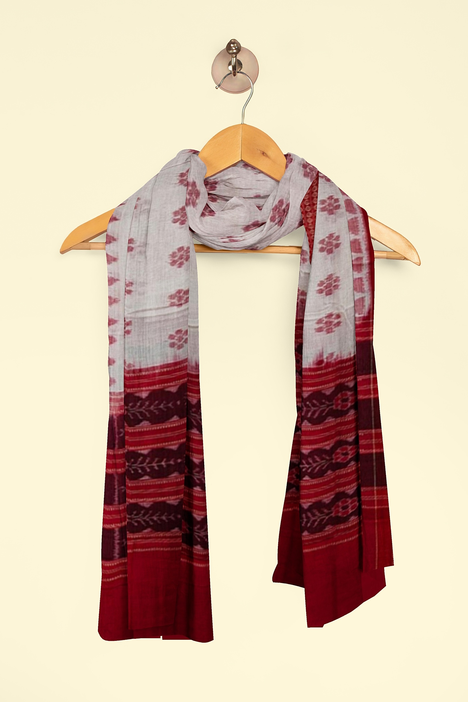White Red Sambalpuri Handwoven Single Ikat Cotton Dupatta Image 4