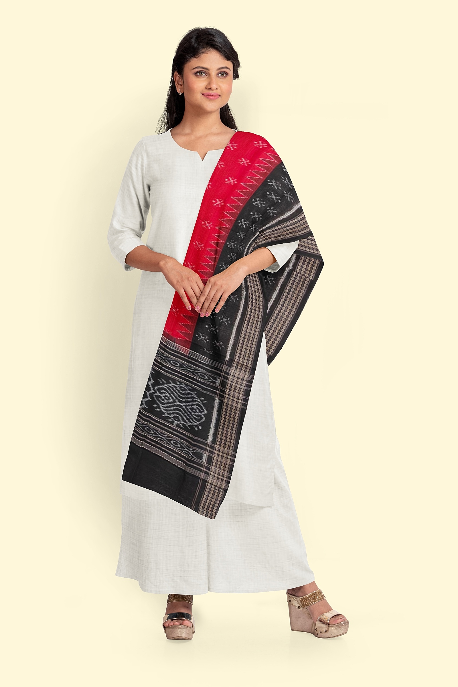 Red Black Sambalpuri Handwoven Single Ikat Cotton Dupatta Image 3