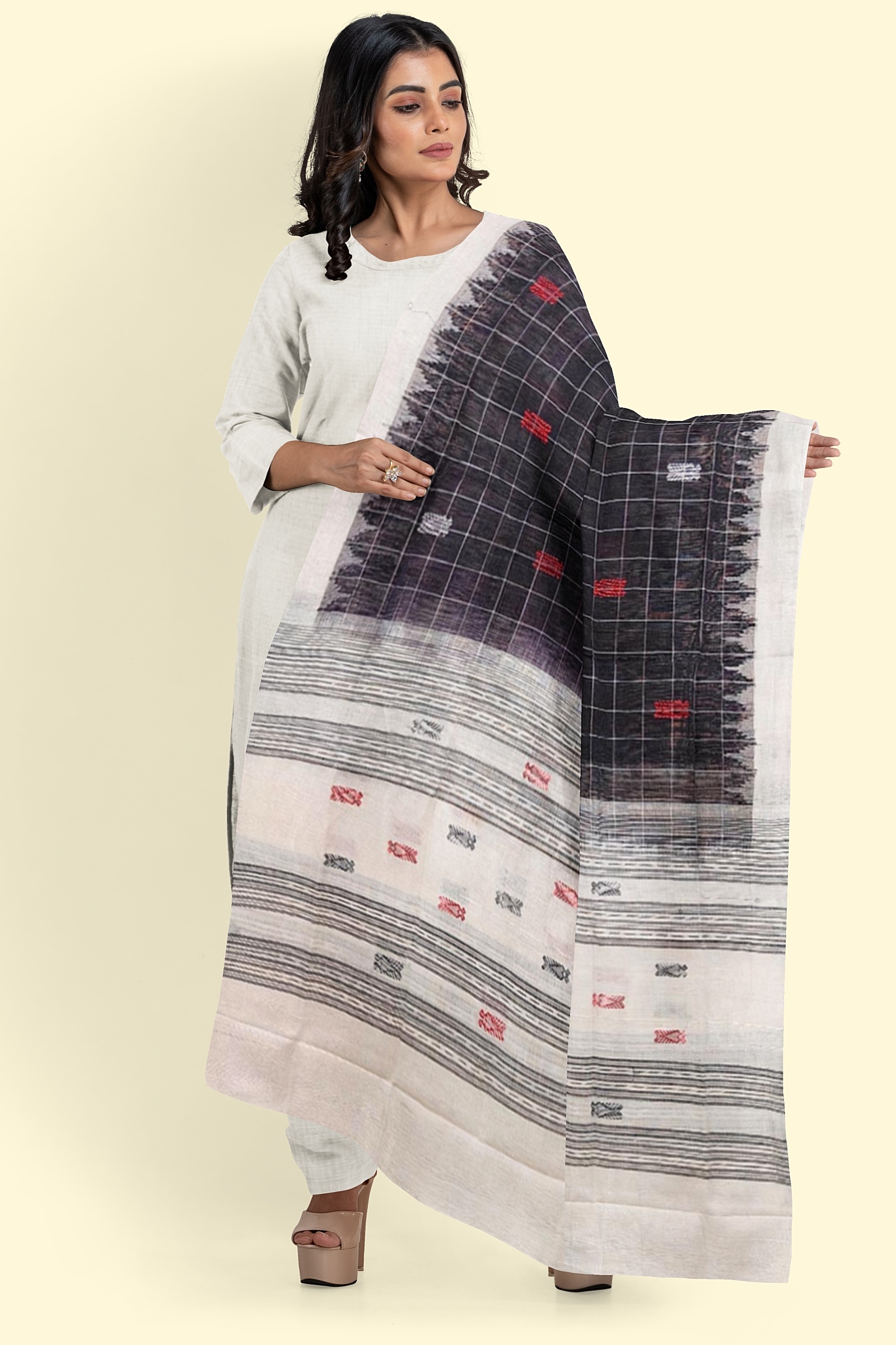 Black White Sambalpuri Handwoven Single Ikat Cotton Dupatta SFCDUP209A