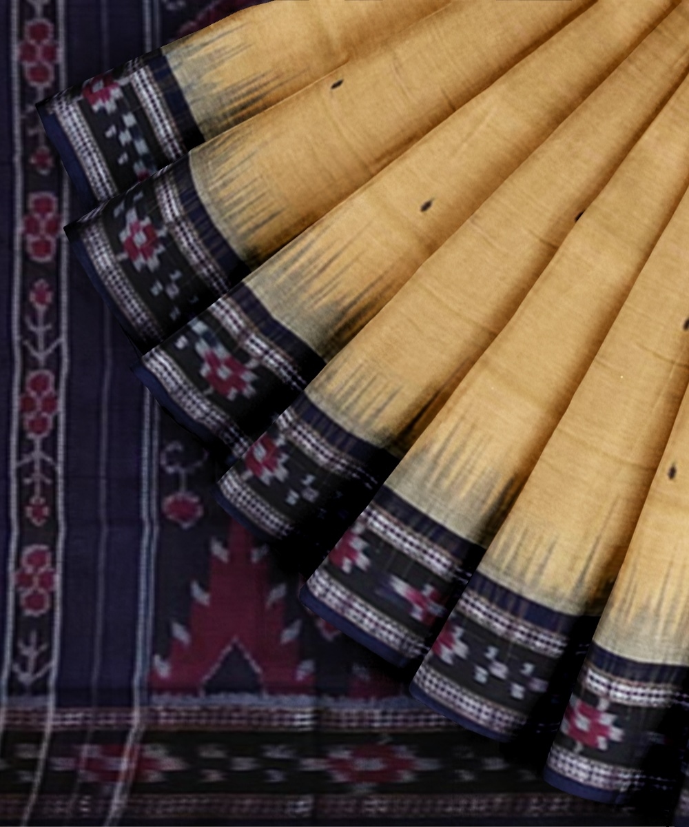 Beige Black Sambalpuri Handwoven Single Ikat Cotton Saree Image 2