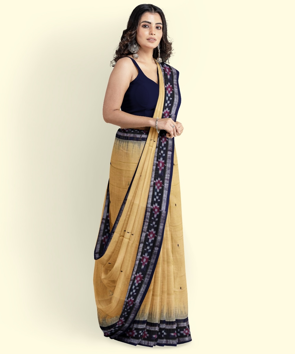 Beige Black Sambalpuri Handwoven Single Ikat Cotton Saree Image 3