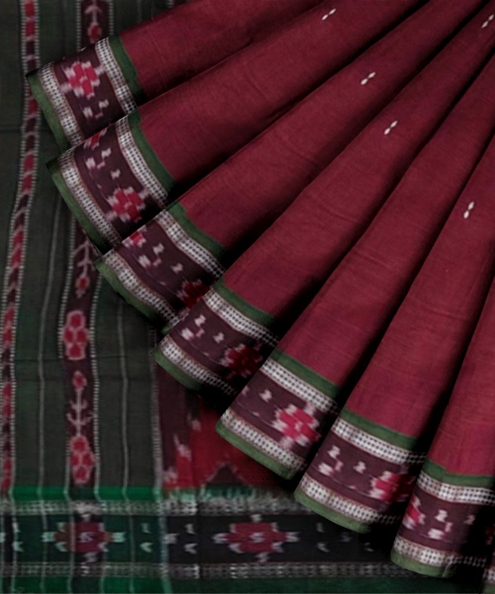 Maroon Green Sambalpuri Handwoven Single Ikat Cotton Saree Image 3
