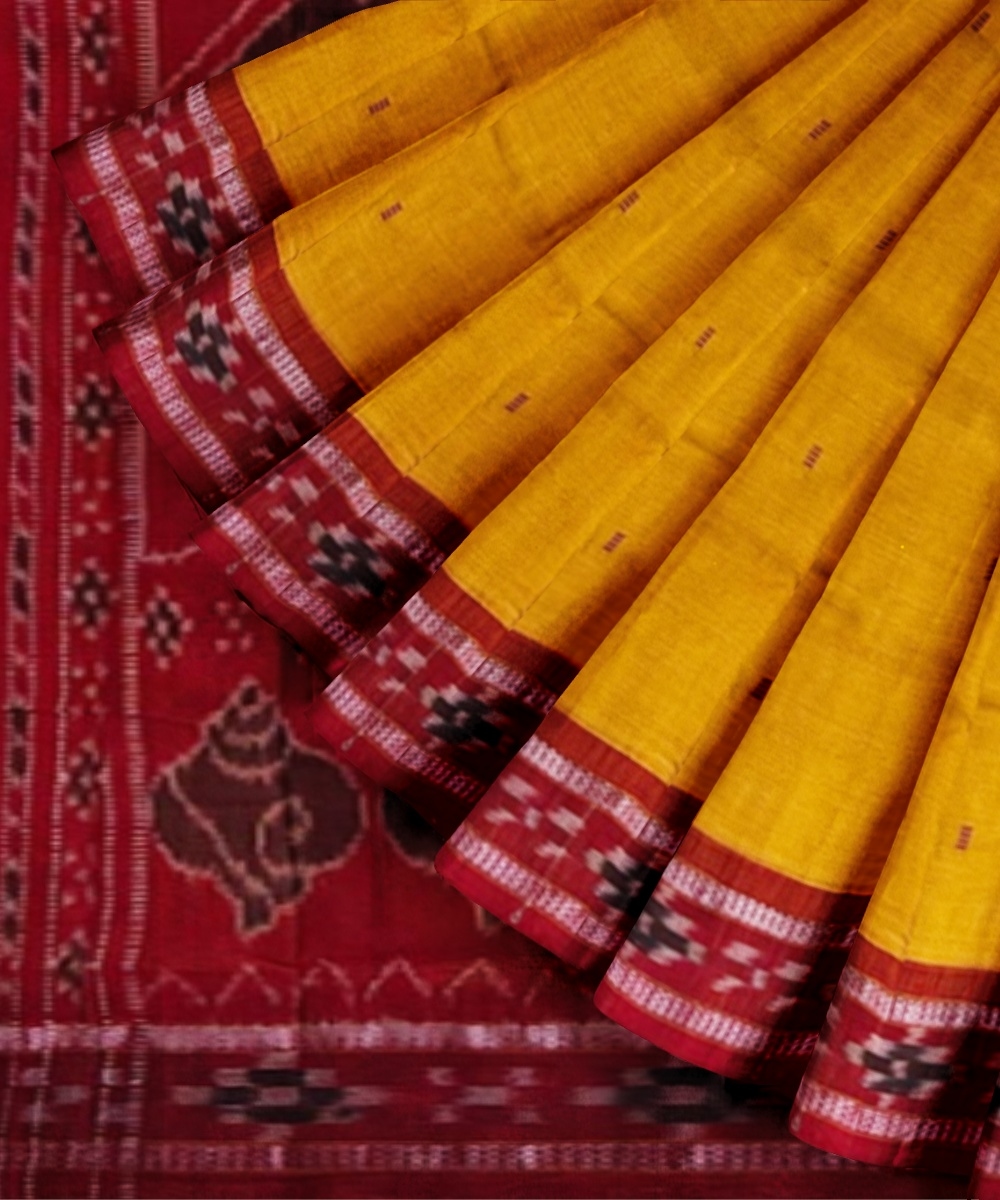Yellow Red Sambalpuri Handwoven Single Ikat Cotton Saree Image 3