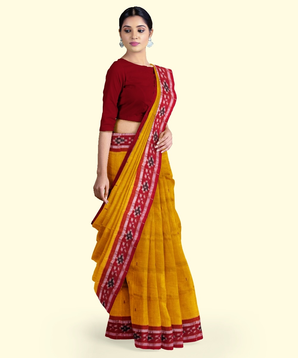Yellow Red Sambalpuri Handwoven Single Ikat Cotton Saree Image 2