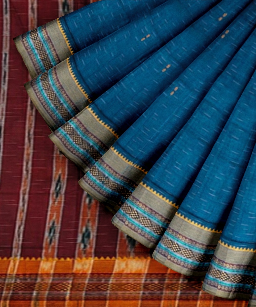 Blue Yellow Sambalpuri Handwoven Single Ikat Cotton Saree Image 2